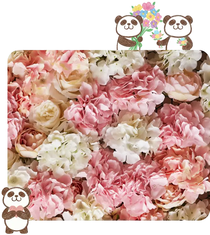 花の画像とパンダのイラスト